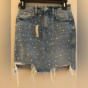 River Island Distressed Denim Pearl-Embellished Mini  Skirt, Size 6 NWT